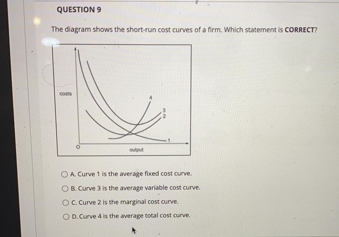 QUESTION 9
The diagram shows the short-run cost curves of a firm. Which statement is CORRECT?
costs
output
O A. Curve 1 is the average fixed cost curve.
O B. Curve 3 is the average variable cost curve.
O C. Curve 2 is the marginal cost curve.
O D. Curve 4 is the average total cost curve.
