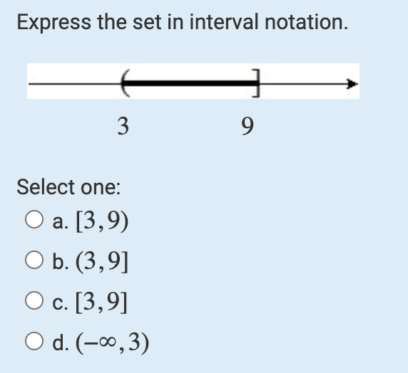 Express the set in interval notation.
3
Select one:
O a. [3,9)
O b. (3,91
O c. [3,9]
O d. (-0,3)
9