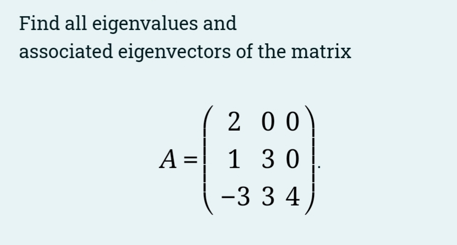 Find all eigenvalues and
associated eigenvectors of the matrix
200
A =
1 3 0
-3 3 4
