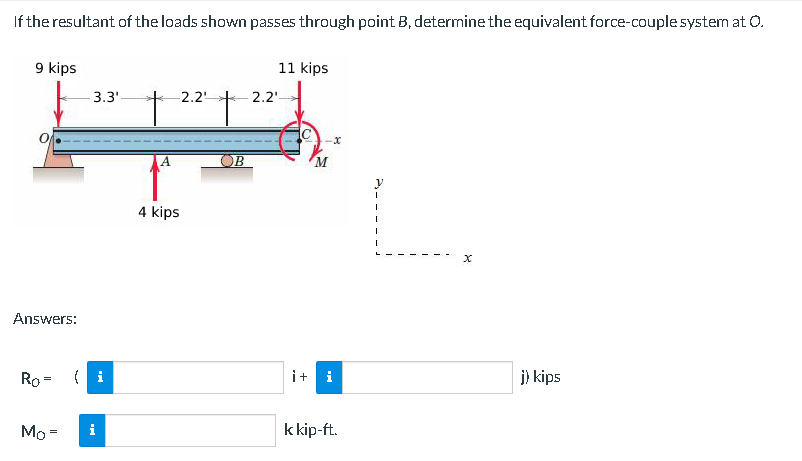 If the resultant of the loads shown passes through point B, determine the equivalent force-couple system at O.
9 kips
Answers:
Ro=
Mo=
3.3'
i
-2.2
4 kips
OB
11 kips
2.2¹
i + i
k kip-ft.
I
x
j) kips