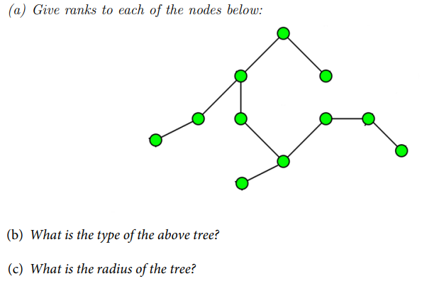 (a) Give ranks to each of the nodes below:
(b) What is the type of the above tree?
(c) What is the radius of the tree?