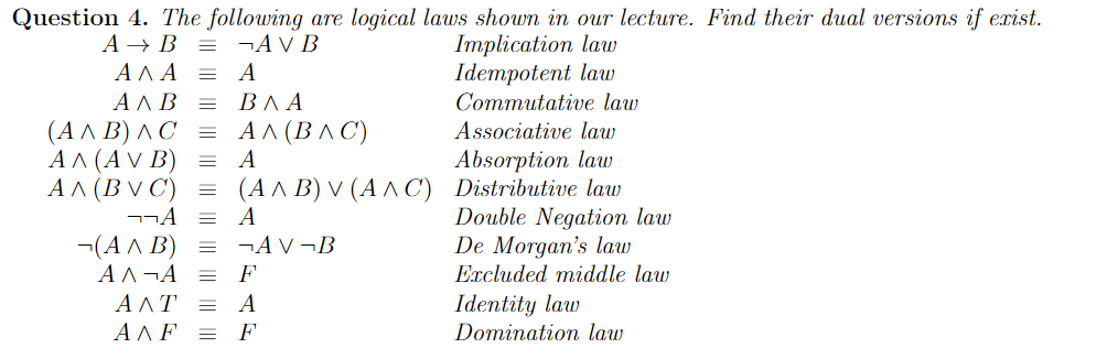 Question 4. The following are logical laws shown in our lecture. Find their dual versions if exist.
Implication law
Idempotent law
Соmmutative law
A → B = ¬AV B
AA A = A
АЛВ 3D ВЛА
(АЛ В) ЛС 3D Ал (ВЛС)
Ал (AV B) А
A A (B V C)
Associative law
Absorption law
= (A ^ B) V (A ^ C) Distributive law
Double Negation law
De Morgan's law
Excluded middle law
A
¬(A ^ B) = ¬A V¬B
AA¬A = F
АЛТ 3D А
Identity law
Domination law
AAF = F
