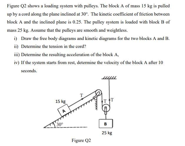 Figure Q2 shows a loading system with pulleys. The block A of mass 15 kg is pulled
up by a cord along the plane inclined at 30°. The kinetic coefficient of friction between
block A and the inclined plane is 0.25. The pulley system is loaded with block B of
mass 25 kg. Assume that the pulleys are smooth and weightless.
i) Draw the free body diagrams and kinetic diagrams for the two blocks A and B.
ii) Detemine the tension in the cord?
iii) Determine the resulting acceleration of the block A,
iv) If the system starts from rest, determine the velocity of the block A after 10
seconds.
