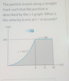 The particle travels along a straight
track such that the position is
described by the s-t graph. What is
the velocity in m/s at t= 6 seconds?
s(m)
108
108
r(s)
10
