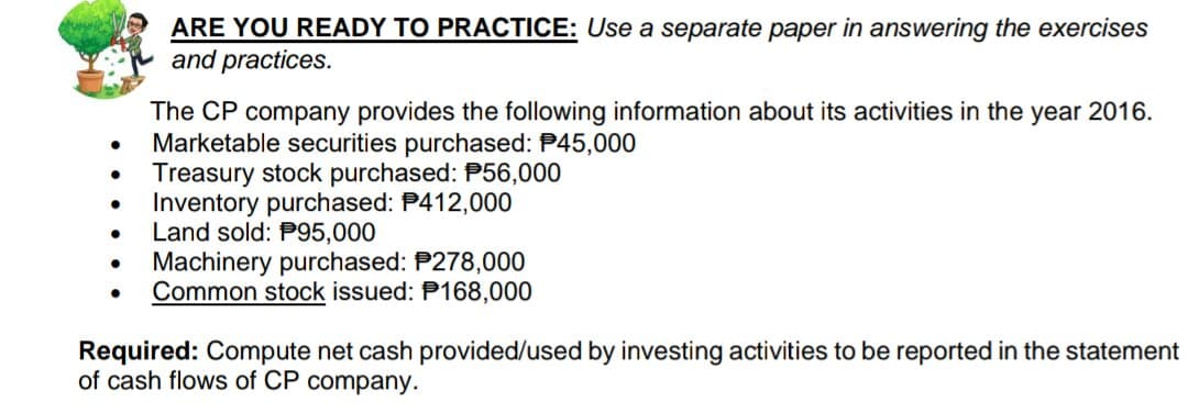 ARE YOU READY TO PRACTICE: Use a separate paper in answering the exercises
and practices.
The CP company provides the following information about its activities in the year 2016.
Marketable securities purchased: P45,000
Treasury stock purchased: P56,000
Inventory purchased: P412,000
Land sold: P95,000
Machinery purchased: P278,000
Common stock issued: P168,000
Required: Compute net cash provided/used by investing activities to be reported in the statement
of cash flows of CP company.
