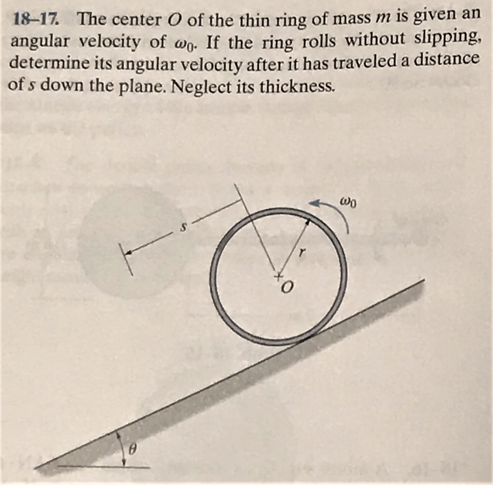 18–17. The center O of the thin ring of mass m is given an
angular velocity of wo. If the ring rolls without slipping,
determine its angular velocity after it has traveled a distance
of s down the plane. Neglect its thickness.
