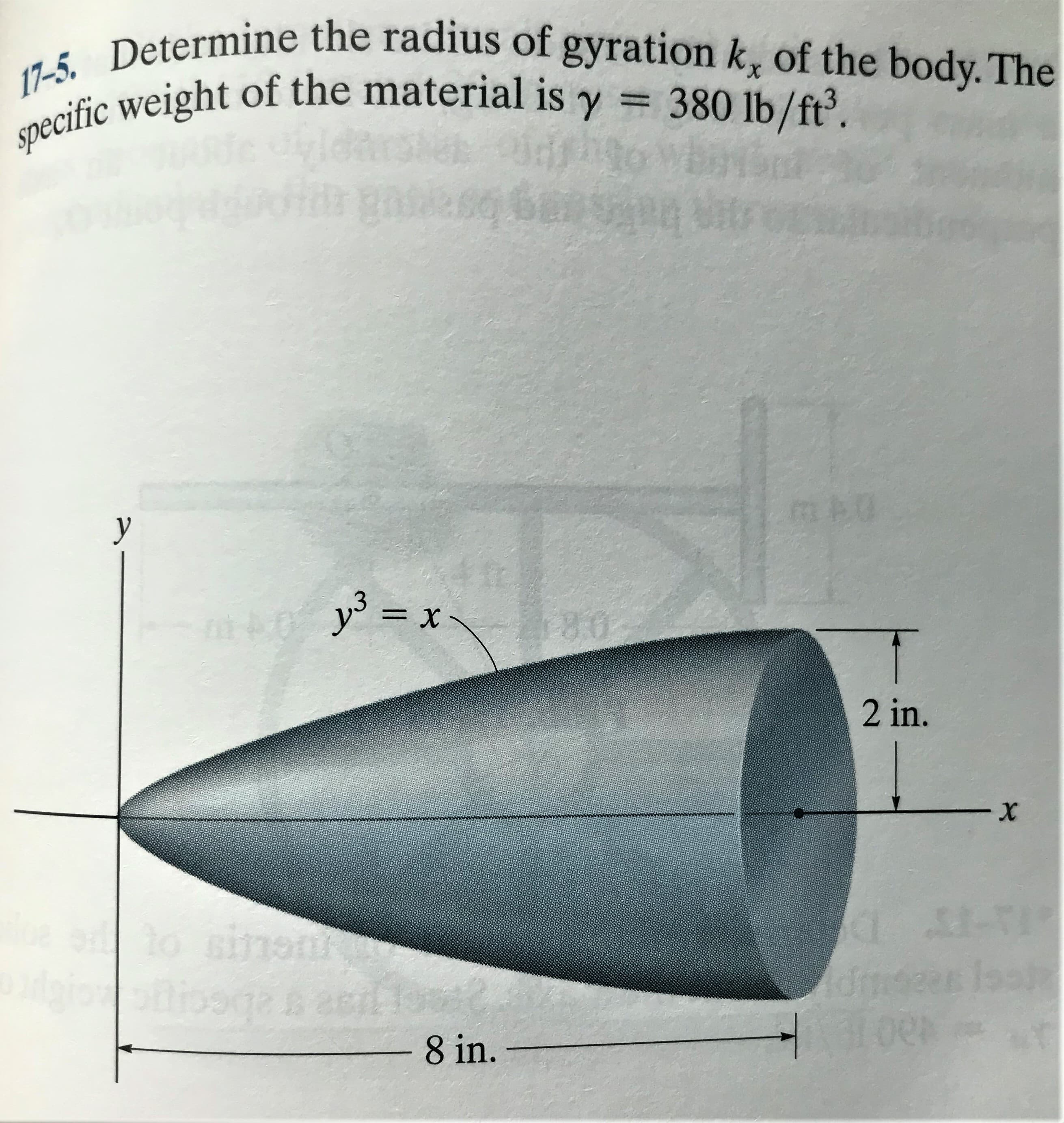 17-5. Determine the radius of gyration k, of the body. The
specific weight of the material is
%3D
y° = x
%3D
2 in.
to
sinst
ta2 abecip
8 in.
