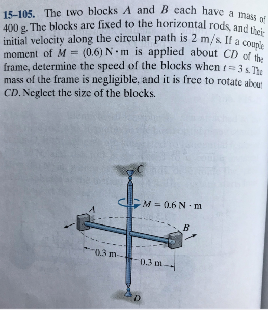 15-105. The two blocks A and B each have a mass of
400 g. The blocks are fixed to the horizontal rods, and their
initial velocity along the circular path is 2 m/s. If a couple
moment of M = (0.6) N m is applied about CD of the
frame, determine the speed of the blocks when t=3s The
mass of the frame is negligible, and it is free to rotate about
CD. Neglect the size of the blocks.
M = 0.6 N · m
0.3 m-
0.3 m
