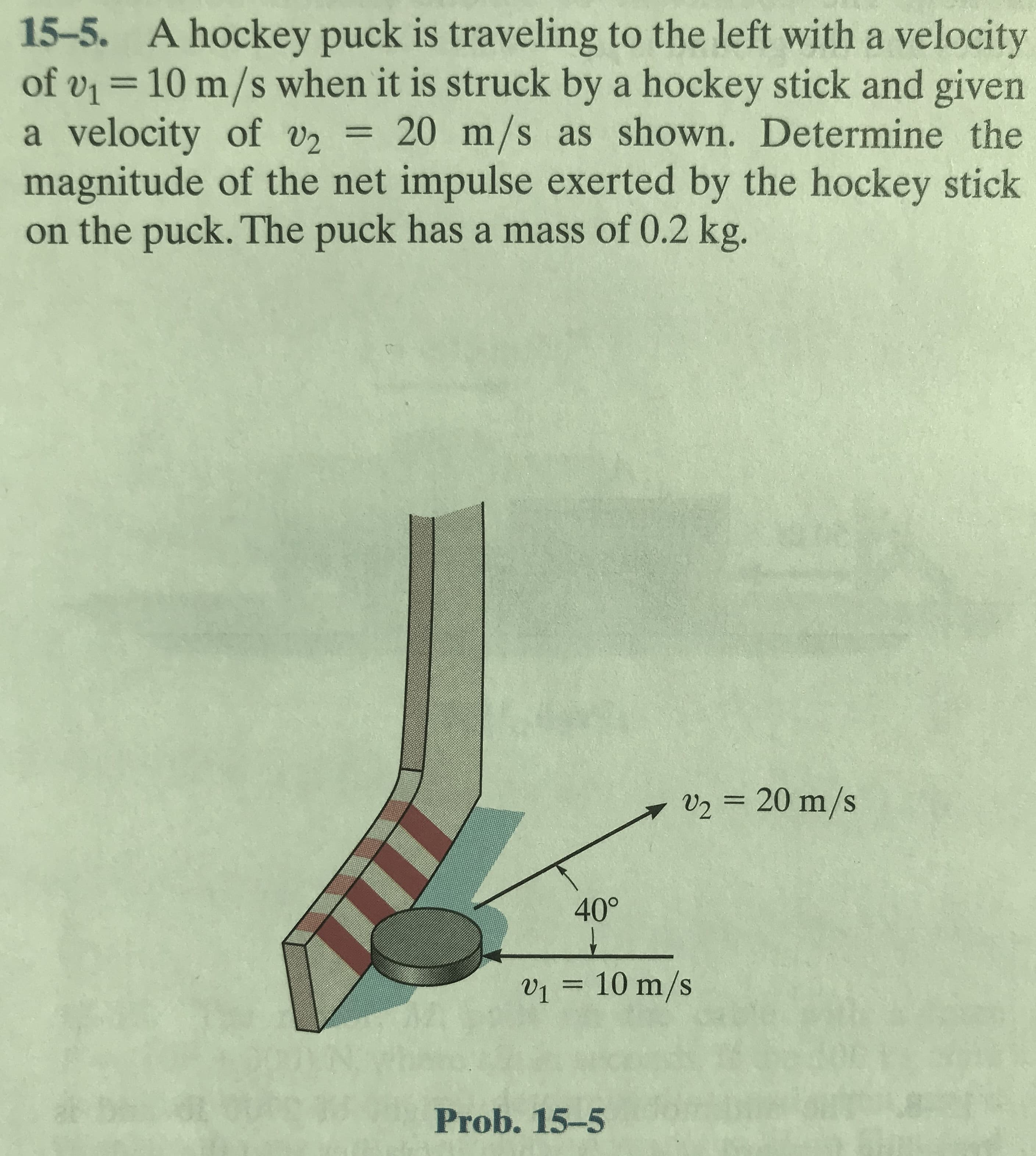 15-5. A hockey puck is traveling to the left with a velocity
of v =10 m/s when it is struck by a hockey stick and given
a velocity of v2 = 20 m/s as shown. Determine the
magnitude of the net impulse exerted by the hockey stick
on the puck. The puck has a mass of 0.2 kg.
%3D
%3D
V2 = 20 m/s
40°
v1 = 10 m/s
Prob. 15-5
