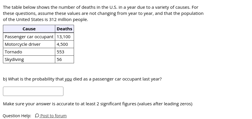 The table below shows the number of deaths in the U.S. in a year due to a variety of causes. For
these questions, assume these values are not changing from year to year, and that the population
of the United States is 312 million people.
Cause
Deaths
Passenger car occupant 13,100
Motorcycle driver
4,500
Tornado
553
Skydiving
56
b) What is the probability that you died as a passenger car occupant last year?
Make sure your answer is accurate to at least 2 significant figures (values after leading zeros)
Question Help: DPost to forum
