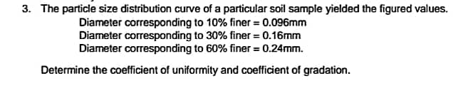 3. The particle size distribution curve of a particular soil sample yielded the figured values.
Diameter corresponding to 10% finer = 0.096mm
Diameter corresponding to 30% finer = 0.16mm
Diameter corresponding to 60% finer = 0.24mm.
Determine the coefficient of uniformity and coefficient of gradation.
