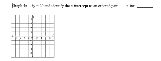 Graph 4x - 5y = 20 and identify the x-intercept as an ordered pair.
-6
-4
-2
--8
-4 20
4 6
x-int: