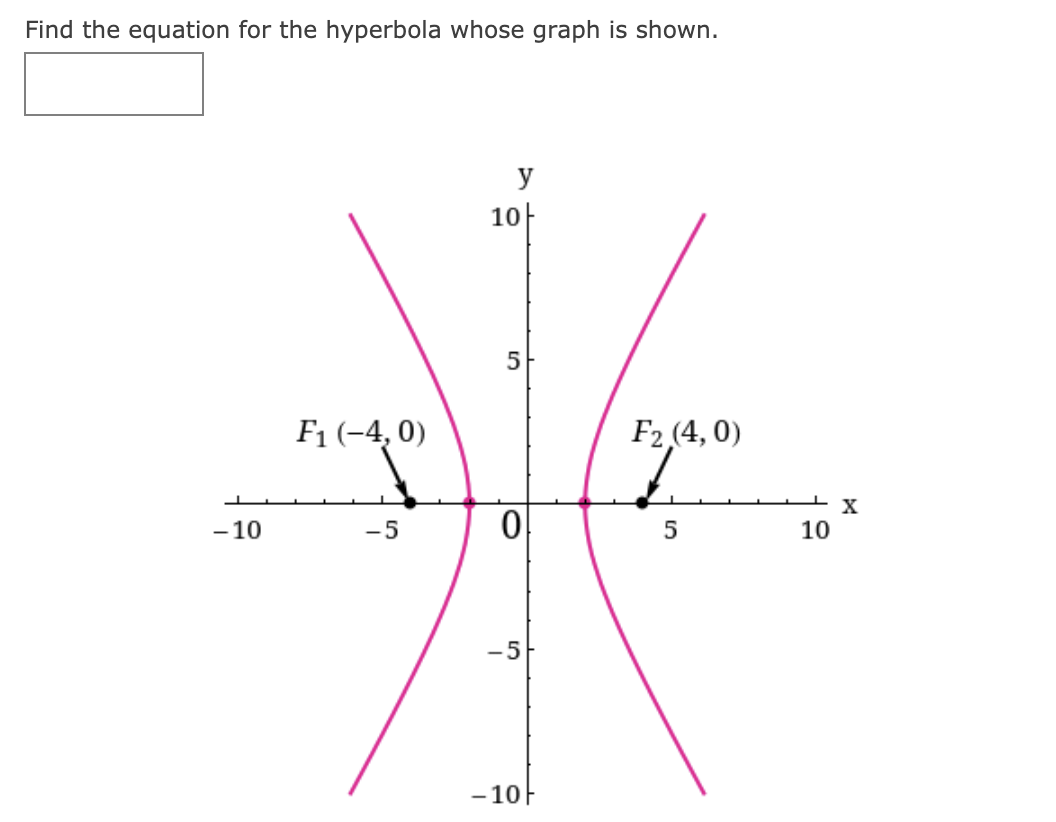 Find the equation for the hyperbola whose graph is shown.
y
10-
5
F1 (-4, 0)
F2 (4, 0)
X
- 10
-5
10
-5
- 10
