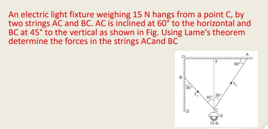 An electric light fixture weighing 15 N hangs from a point C, by
two strings AC and BC. AC is inclined at 60° to the horizontal and
BC at 45° to the vertical as shown in Fig. Using Lame's theorem
determine the forces in the strings ACand BC
60
B.
T2
45
30
45°
15 N
