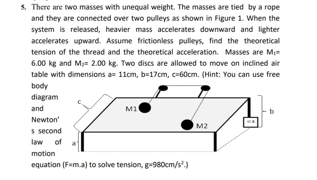 5. There are two masses with unequal weight. The masses are tied by a rope
and they are connected over two pulleys as shown in Figure 1. When the
system is released, heavier mass accelerates downward and lighter
accelerates upward. Assume frictionless pulleys, find the theoretical
tension of the thread and the theoretical acceleration. Masses are M1=
6.00 kg and M2= 2.00 kg. Two discs are allowed to move on inclined air
table with dimensions a= 11cm, b=17cm, c=60cm. (Hint: You can use free
body
diagram
and
M1
b
Newton'
W.B.
M2
s second
law
of
a
motion
equation (F=m.a) to solve tension, g=980cm/s?.)
