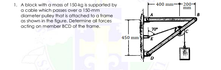 1. A block with a mass of 150-kg is supported by
a cable which passes over a 150-mm
diameter pulley that is attached to a frame
as shown in the figure. Determine all forces
acting on member BCD of the frame.
-200-
mm
400 mm-
70°
450 mm
