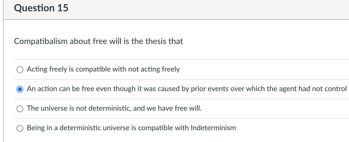 Question 15
Compatibalism about free will is the thesis that
Acting freely is compatible with not acting freely
An action can be free even though it was caused by prior events over which the agent had not control
O The universe is not deterministic, and we have free will.
O Being in a deterministic universe is compatible with Indeterminism
