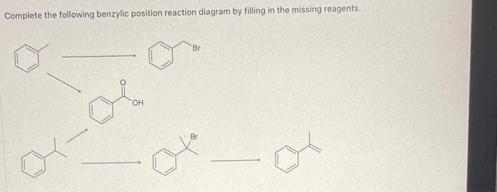 Complete the following benzylic position reaction diagram by filling in the missing reagents.
O
OH
Br
Br
of
or