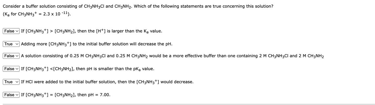 Consider a buffer solution consisting of CH3NH3Cl and CH3NH₂. Which of the following statements are true concerning this solution?
(Ka for CH3NH3+ = 2.3 × 10 -11).
False If [CH3NH3†] > [CH3NH₂], then the [H+] is larger than the Ką value.
True Adding more [CH3NH3+] to the initial buffer solution will decrease the pH.
False A solution consisting of 0.25 M CH3NH3Cl and 0.25 M CH3NH2 would be a more effective buffer than one containing 2 M CH3NH3CI and 2 M CH3NH2
False V
True
If [CH3NH3+] <[CH3NH₂], then pH is smaller than the pką value.
If HCI were added to the initial buffer solution, then the [CH3NH3*] would decrease.
False If [CH3NH3+] = [CH3NH₂], then pH
=
7.00.