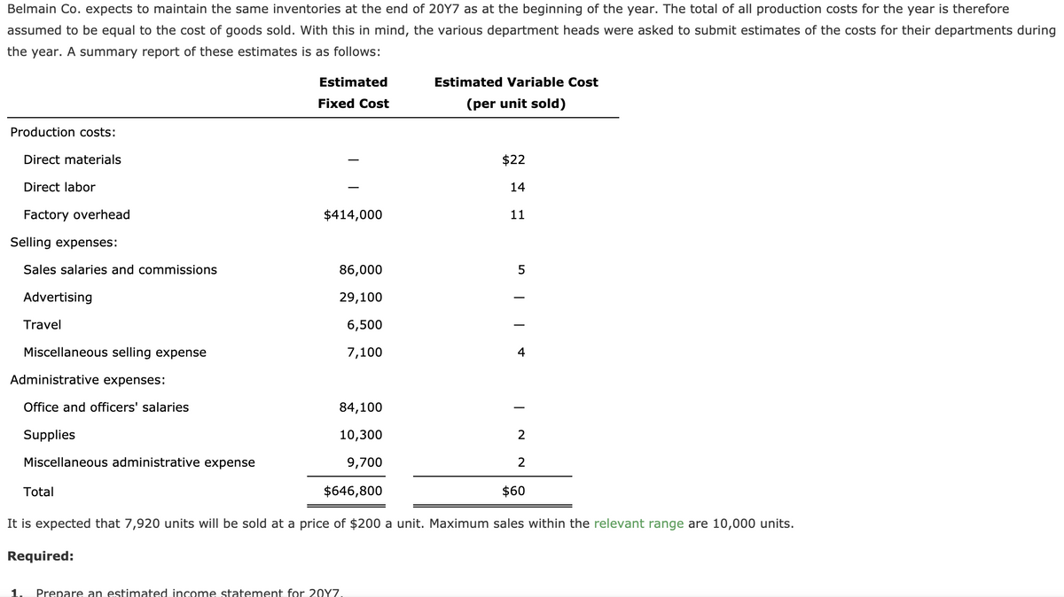 Belmain Co. expects to maintain the same inventories at the end of 20Y7 as at the beginning of the year. The total of all production costs for the year is therefore
assumed to be equal to the cost of goods sold. With this in mind, the various department heads were asked to submit estimates of the costs for their departments during
the year. A summary report of these estimates is as follows:
Estimated
Estimated Variable Cost
Fixed Cost
(per unit sold)
Production costs:
Direct materials
$22
Direct labor
14
Factory overhead
$414,000
11
Selling expenses:
Sales salaries and commissions
86,000
Advertising
29,100
Travel
6,500
Miscellaneous selling expense
7,100
4
Administrative expenses:
Office and officers' salaries
84,100
Supplies
10,300
2
Miscellaneous administrative expense
9,700
2
Total
$646,800
$60
It is expected that 7,920 units will be sold at a price of $200 a unit. Maximum sales within the relevant range are 10,000 units.
Required:
1.
Prepare an estimated income statement for 20Y7.
