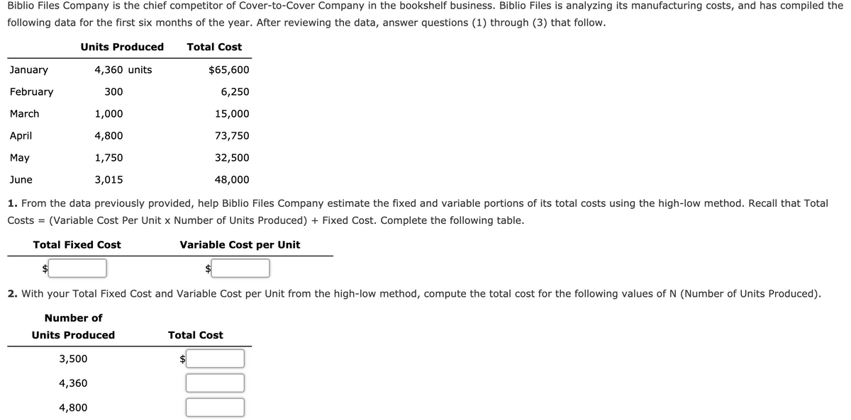 Biblio Files Company is the chief competitor of Cover-to-Cover Company in the bookshelf business. Biblio Files is analyzing its manufacturing costs, and has compiled the
following data for the first six months of the year. After reviewing the data, answer questions (1) through (3) that follow.
Units Produced
Total Cost
January
4,360 units
$65,600
February
300
6,250
March
1,000
15,000
April
4,800
73,750
May
1,750
32,500
June
3,015
48,000
1. From the data previously provided, help Biblio Files Company estimate the fixed and variable portions of its total costs using the high-low method. Recall that Total
Costs =
(Variable Cost Per Unit x Number of Units Produced) + Fixed Cost. Complete the following table.
Total Fixed Cost
Variable Cost per Unit
$
2. With your Total Fixed Cost and Variable Cost per Unit from the high-low method, compute the total cost for the following values of N (Number of Units Produced).
Number of
Units Produced
Total Cost
3,500
4,360
4,800
