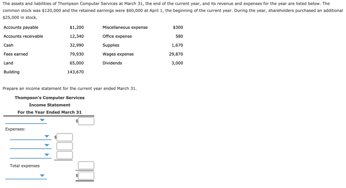 The assets and liabilities of Thompson Computer Services at March 31, the end of the current year, and its revenue and expenses for the year are listed below. The
common stock was $120,000 and the retained earnings were $60,000 at April 1, the beginning of the current year. During the year, shareholders purchased an additional
$25,000 in stock.
PIEL
Accounts payable
$1,200
Miscellaneous expense
$300
Accounts receivable
12,340
Office expense
580
Cash
32,990
Supplies
1,670
Fees earned
79,930
Wages expense
29,870
Land
65,000
Dividends
3,000
Building
143,670
Prepare an income statement for the current year ended March 31.
Thompson's Computer Services
Income Statement
For the Year Ended March 31
Expenses:
Total expenses
