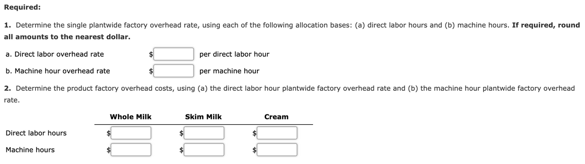 Required:
1. Determine the single plantwide factory overhead rate, using each of the following allocation bases: (a) direct labor hours and (b) machine hours. If required, round
all amounts to the nearest dollar.
a. Direct labor overhead rate
$
per direct labor hour
b. Machine hour overhead rate
$
per machine hour
2. Determine the product factory overhead costs, using (a) the direct labor hour plantwide factory overhead rate and (b) the machine hour plantwide factory overhead
rate.
Whole Milk
Skim Milk
Cream
Direct labor hours
Machine hours
$4
