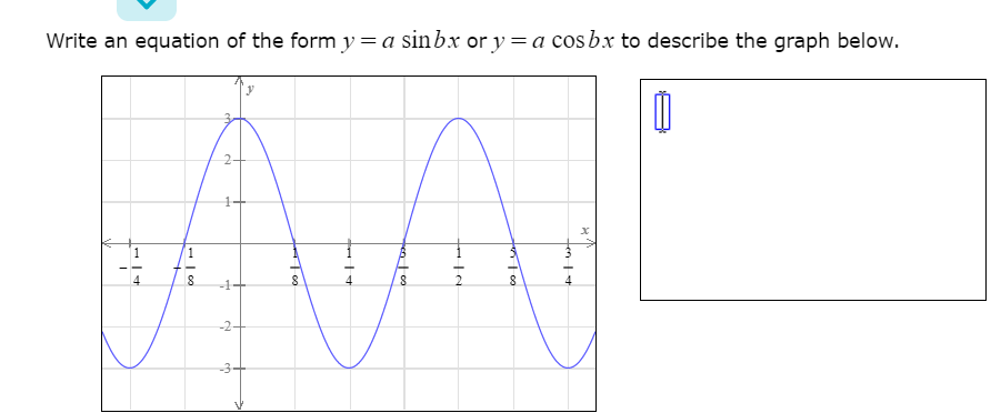 Write an equation of the form y= a sinbx or y= a cosbx to describe the graph below.
AA
-1+
-3-
en -
2.
en
