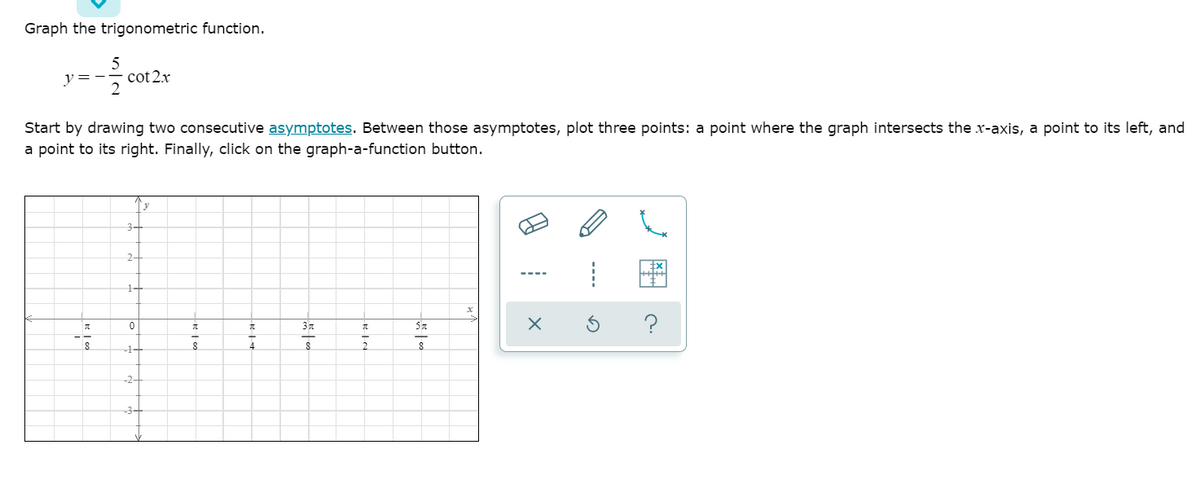 Graph the trigonometric function.
5
cot 2.x
y
Start by drawing two consecutive asymptotes. Between those asymptotes, plot three points: a point where the graph intersects the x-axis, a point to its left, and
a point to its right. Finally, click on the graph-a-function button.
2-
1-
?
元
元
4
-1구
-2구
-3구
----
