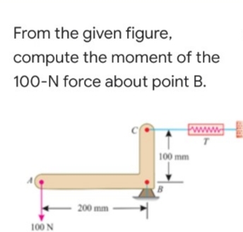 From the given figure,
compute the moment of the
100-N force about point B.
100 mm
200 mm
100 N
