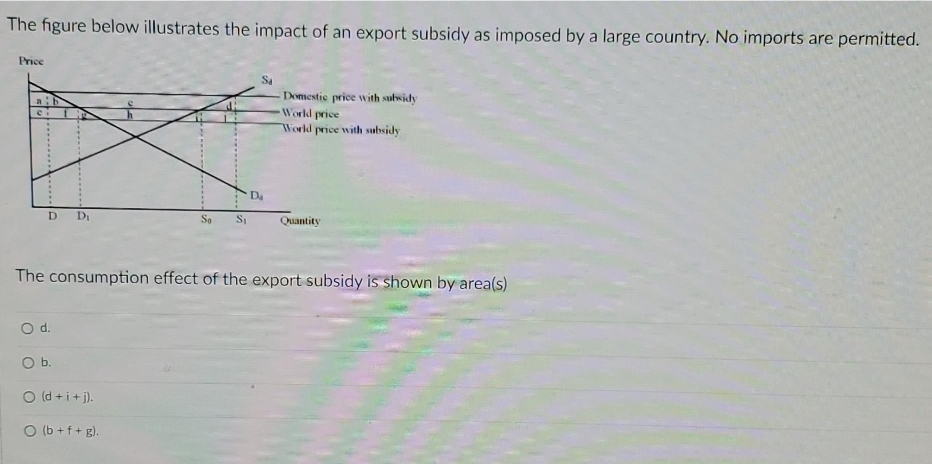 The figure below illustrates the impact of an export subsidy as imposed by a large country. No imports are permitted.
Price
Domestic price with subsidy
World price
World price with subsidy
Di
So
Quantity
The consumption effect of the export subsidy is shown by area(s)
d.
Ob.
O (d +i+ j).
O (b +f+ g).
