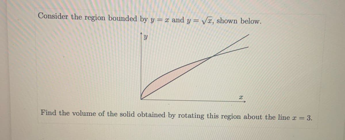 Consider the region bounded by y = x and y = Vx, shown below.
Find the volume of the solid obtained by rotating this region about the line x = 3.
