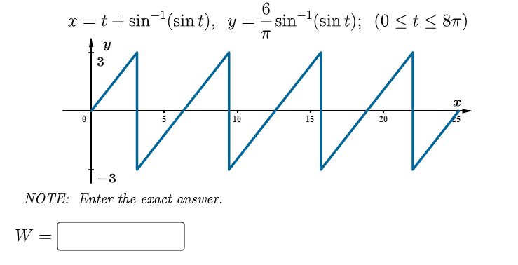 6
x = t + sin ¹(sin t), y =
sin ¹(sin t); (0 ≤ t ≤ 8π)
-
ㅠ
Y
3
x
MAMA
0
10
15
20
-3
NOTE: Enter the exact answer.
W =