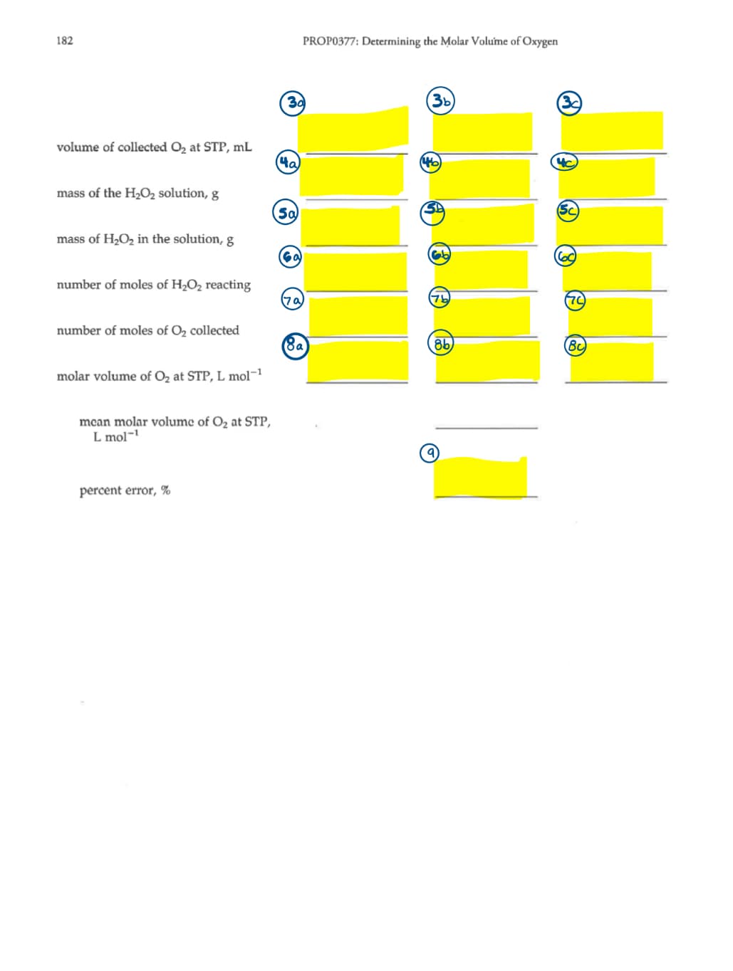 182
PROP0377: Determining the Molar Volume of Oxygen
30
3b
volume of collected Oz at STP, mL
4a)
mass of the H2O2 solution, g
Sa
(5c
mass of H2O2 in the solution, g
number of moles of H2O2 reacting
7a
(70)
number of moles of O2 collected
(8a
86
Bc
molar volume of Oz at STP, L mol¬1
mcan molar volume of O2 at STP,
L mol-'
percent error, %
