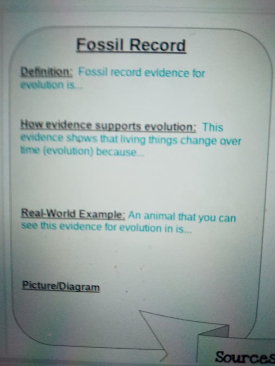 Fossil Record
Definition: Fossil record evidence for
evolution is...
How evidence supports evolution: This
evidence shows that living things change over
time (evolution) because...
Real-World Example; An animal that you can
see this evidence for evolution in is..
Picture/Diagram
Sources
