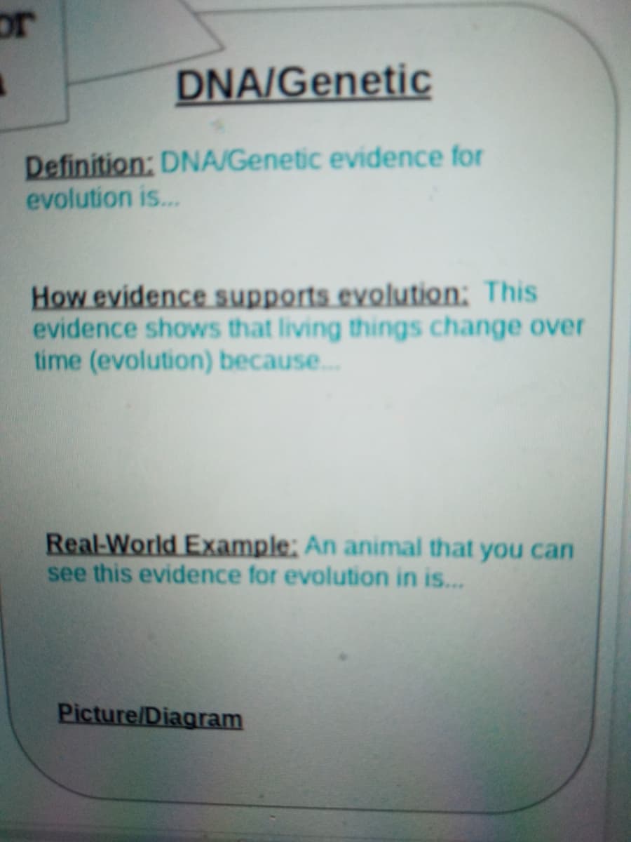 or
DNA/Genetic
Definition: DNA/Genetic evidence for
evolution is..
How evidence supports evolution: This
evidence shows that living things change over
time (evolution) because...
Real-World Example: An animal that you can
see this evidence for evolution in is...
Picture/Diagram
