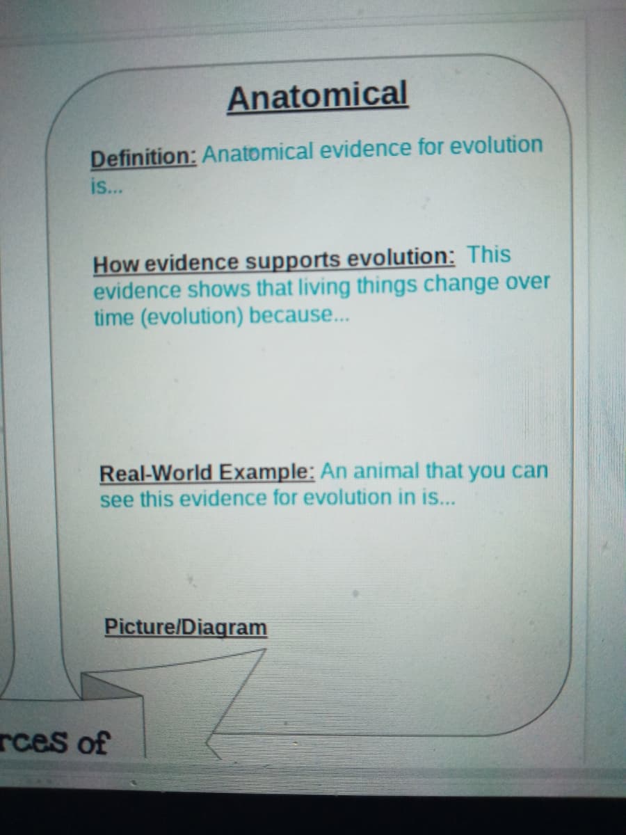 Anatomical
Definition: Anatomical evidence for evolution
is...
How evidence supports evolution: This
evidence shows that living things change over
time (evolution) because...
Real-World Example: An animal that you can
see this evidence for evolution in is...
Picture/Diagram
rces of

