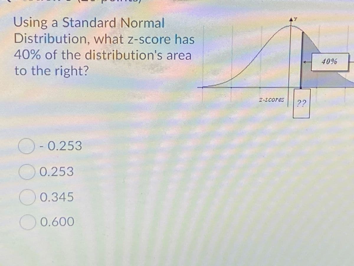Using a Standard Normal
Distribution, what z-score has
40% of the distribution's area
40%
to the right?
E-SCOres
??
O- 0.253
0.253
O0.345
0.600
