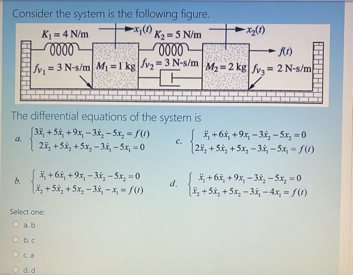 Consider the system is the following figure.
K1 = 4 N/m
x;(1)
K2 = 5 N/m
At)
%3D
= 3 N-s/m M =1 kg JV23N- S/m | M2=2 kg fy. = 2 N-s/m
%3D
The differential equations of the system is
[3*, +5x, +9x, -3x, - 5x, = f()
2ä, +5x, +5x, -3i, – 5x, = 0
Si+6x +9x -3x, – 5x, = 0
2ä, + 5x, +5x, – 3x, – 5x, = f(1)
а.
с.
|
*+6x, +9x, -3x, -5x, = 0
b.
i + 6x, +9x, – 3x, -5x, = 0
i, +5x, + 5x, – 3x, – 4x, = f(1)
d.
i, +5x, + 5x, -3i, – x, = f(1)
Select one:
O a. b
O b. c
O C. a
d. d
