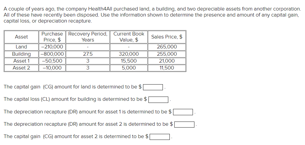 A couple of years ago, the company Health4All purchased land, a building, and two depreciable assets from another corporation.
All of these have recently been disposed. Use the information shown to determine the presence and amount of any capital gain,
capital loss, or depreciation recapture.
Asset
Land
Building
Asset 1
Asset 2
Purchase
Price, $
-210,000
-800,000
-50,500
-10,000
Recovery Period,
Years
27.5
3
3
Current Book
Value, $
320,000
15,500
5,000
Sales Price, $
265,000
255,000
21,000
11,500
The capital gain (CG) amount for land is determined to be $
The capital loss (CL) amount for building is determined to be $
The depreciation recapture (DR) amount for asset 1 is determined to be $
The depreciation recapture (DR) amount for asset 2 is determined to be $
The capital gain (CG) amount for asset 2 is determined to be $