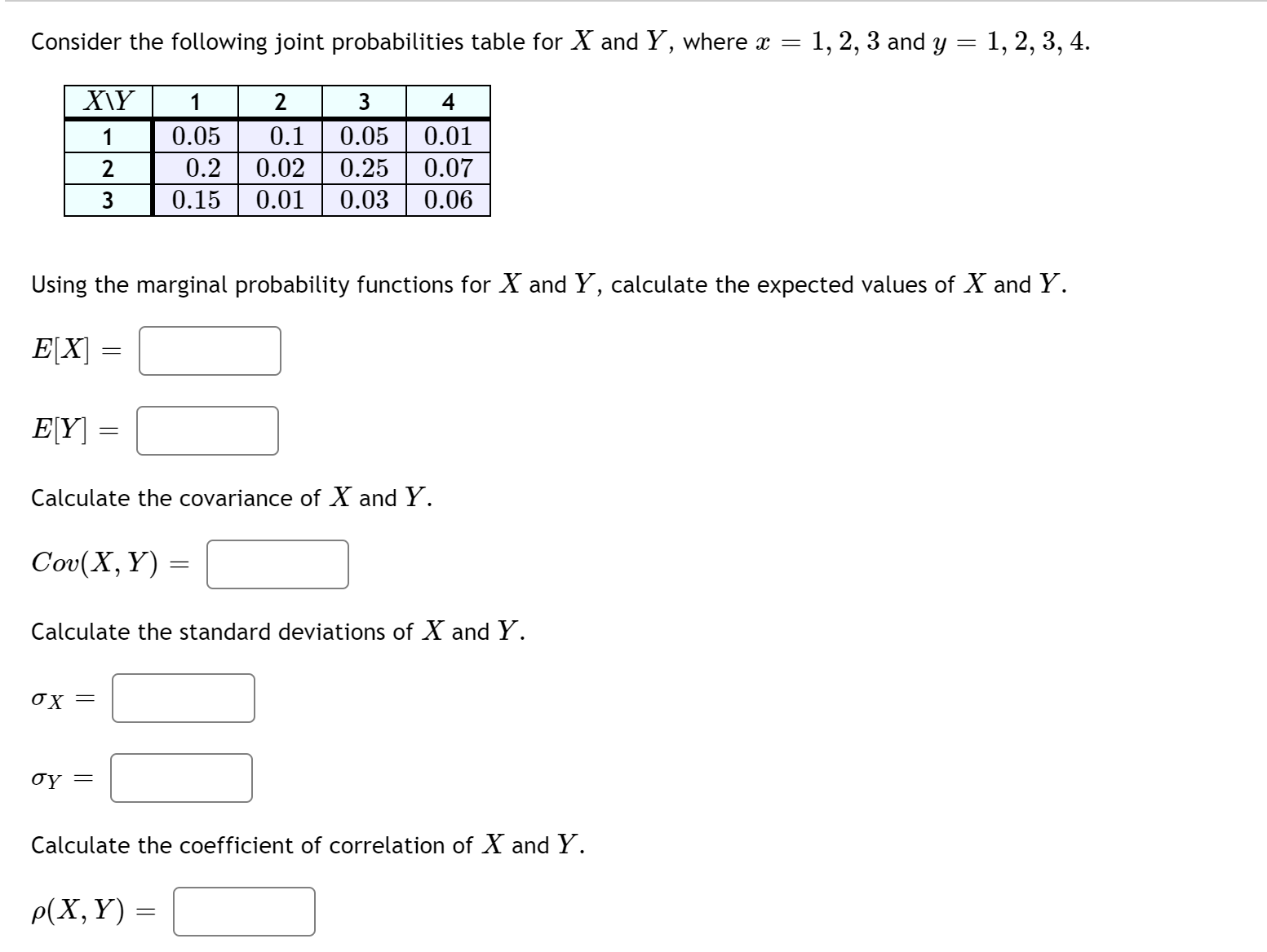 Consider the following joint probabilities table for X and Y, where x = 1, 2, 3 and y = 1, 2, 3, 4.
X\Y
1
2
3
4
0.05
0.1
0.05
0.01
2
0.2
0.02
0.25
0.07
3
0.15
0.01
0.03
0.06
Using the marginal probability functions for X and Y, calculate the expected values of X and Y.
E[X]
||
E[Y] :
Calculate the covariance of X and Y.
Cov(X, Y)
Calculate the standard deviations of X and Y.
ox =
бү —
Calculate the coefficient of correlation of X and Y.
P(X, Y) =
