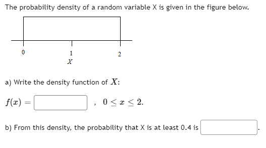 The probability density of a random variable X is given in the figure below.
1
2.
a) Write the density function of X:
f(z) =
0 <x < 2.
b) From this density, the probability that X is at least 0.4 is
