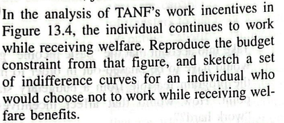 In the analysis of TANF's work incentives in
Figure 13.4, the individual continues to work
while receiving welfare. Reproduce the budget
constraint from that figure, and sketch a set
of indifference curves for an individual who
would choose not to work while receiving wel-
fare benefits.
