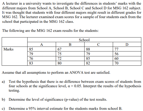 A lecturer in a university wants to investigate the differences in students' marks with the
different majors from School A, School B, School C and School D for MSG 162 subject.
It was thought that students with four different majors might result in different grades for
MSG 162. The lecturer examined exam scores for a sample of four students each from the
school that participated in the MSG 162 class.
The following are the MSG 162 exam results for the students:
School
A
B
C
D
Marks
85
67
88
77
79
75
79
56
76
72
85
60
83
80
82
70
Assume that all assumptions to perform an ANOVA test are satisfied.
a) Test the hypothesis that there is no difference between exam scores of students from
four schools at the significance level, a = 0.05. Interpret the results of the hypothesis
testing.
b) Determine the level of significance (p-value) of the test results.
c) Determine a 95% interval estimate for the students marks from school B.
