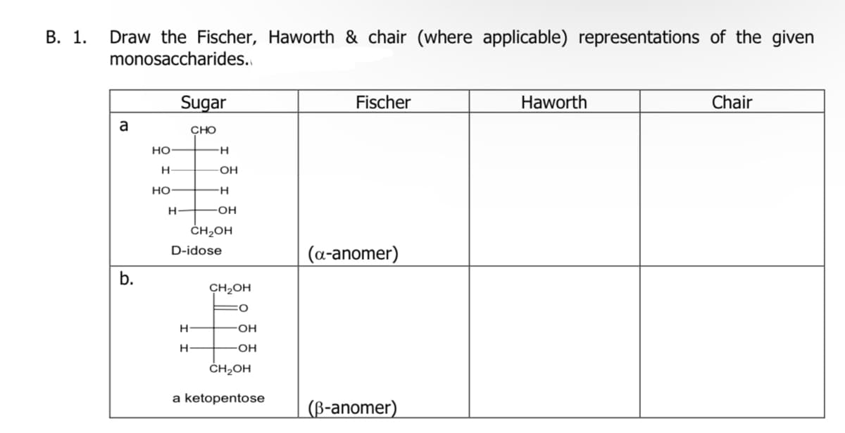 В. 1.
Draw the Fischer, Haworth & chair (where applicable) representations of the given
monosaccharides.
Sugar
Fischer
Haworth
Chair
a
CHO
но
H-
H
но
OH
ČH2OH
D-idose
(а-anomer)
CH2OH
FOH
H-
ČH2OH
a ketopentose
(B-anomer)
b.
