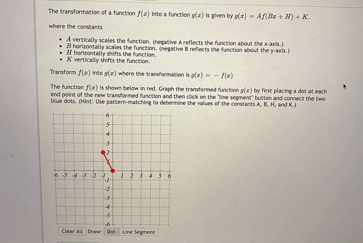 The transformation of a function f(x) into a function g(x) is given by g(x) = Aƒ(Bx + H) + K.
where the constants
• A vertically scales the function. (negative A reflects the function about the x-axis.)
• B horizontally scales the function. (negative B reflects the function about the y-axis.)
• H horizontally shifts the function.
• K vertically shifts the function.
Transform f(x) into g(x) where the transformation is g(x)
- f(x)
The function f(x) is shown below in red. Graph the transformed function g(x) by first placing a dot at each
end point of the new transformed function and then click on the "line segment" button and connect the two
blue dots. (Hint: Use pattern-matching to determine the values of the constants A, B, H, and K.)
3.
-6 -5 -4 -3 -2 -1
2 3 4 5
-2
-3
-4
-5
-61
Clear All Draw: Dot
Line Segment
