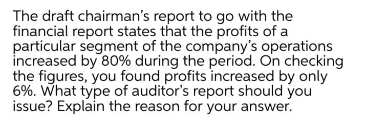 The draft chairman's report to go with the
financial report states that the profits of a
particular segment of the company's operations
increased by 80% during the period. On checking
the figures, you found profits increased by only
6%. What type of auditor's report should you
issue? Explain the reason for your answer.
