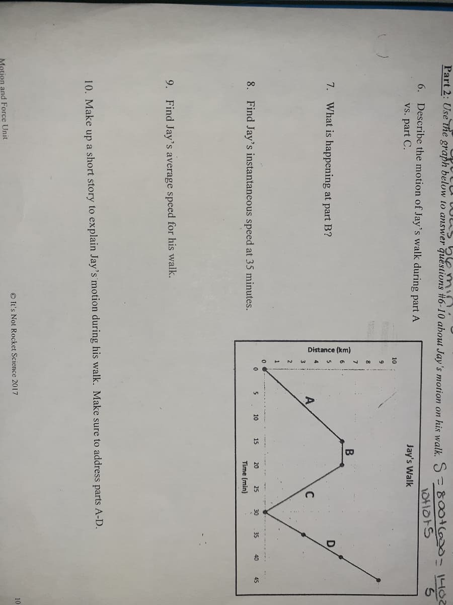 Distance (km)
us b e min .
Part 2: Use The graph below to answer questions #6-10 ahout Jay's motion on his walk. S = 800+6- HO0
1otiors
6. Describe the motion of Jay's walk during part A
vs. part C.
Jay's Walk
10
7
7. What is happening at part B?
A
2
1.
5
10
15
20
25
30
35
8. Find Jay's instantaneous speed at 35 minutes.
40
45
Time (min)
9. Find Jay's average speed for his walk.
10. Make up a short story to explain Jay's motion during his walk. Make sure to address parts A-D.
© It's Not Rocket Science 2017
10
Motion and Force Unit
