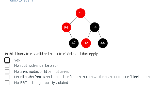 Jump lever
94
47
72
82
84
Is this binary tree a valid red-black tree? Select all that apply.
Yes
No, root node must be black
44
No, a red node's child cannot be red
No, all paths from a node to null leaf nodes must have the same number of black nodes
No, BST ordering property violated