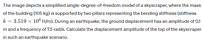 The image depicts a simplified single-degree-of-freedom model of a skyscraper, where the mass
of the building (105 kg) is supported by two pillars representing the bending stiffness (stiffness
k = 3.519 × 106 N/m). During an earthquake, the ground displacement has an amplitude of 0.1
m and a frequency of 7.5 rad/s. Calculate the displacement amplitude of the top of the skyscraper
in such an earthquake scenario.